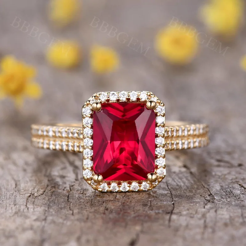 colored gemstone engagement rings -Vintage 8X10mm Yellow Gold Ruby Engagement Ring Diamond Halo Wedding Band 4 Carat