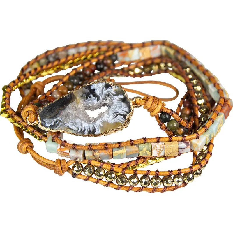 women multi-strand bracelets -38" Wrap Bracelet Leather & Mixed Gemstones with Agate Geode Accent