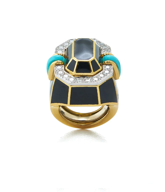 women men’s wedding rings -Facet Ring, Turquoise, Black Enamel