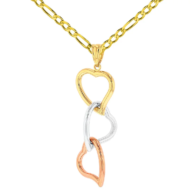 women long necklaces -14K Yellow Gold, White Gold and Rose Gold Dangling Hearts Pendant with Figaro Chain Necklace