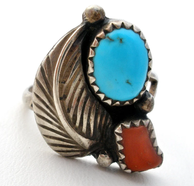 women sapphire rings for women -Navajo Turquoise &  Coral Ring Sterling Silver