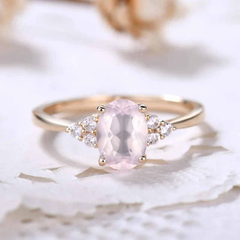 simple engagement rings -Dainty Rose Gold Rose Quartz Engagement Ring Diamond Ring Plain Gold Band