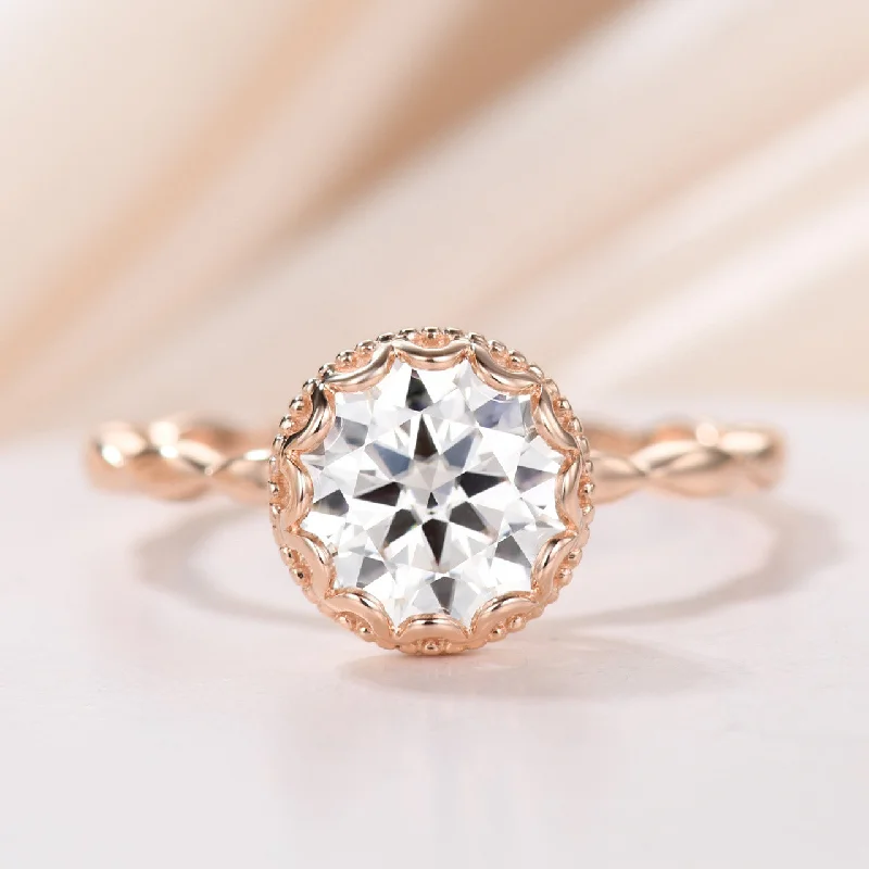 women antique engagement rings -1.2 Carat Art Deco Moissanite Engagement Ring Round Cut Rose Gold