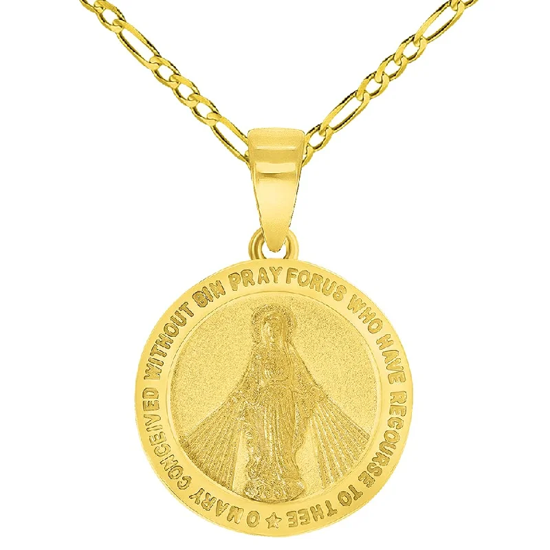 women long silver necklaces -Solid 14k Gold Small Classic Miraculous Medallion of the Virgin Mary Pendant with Figaro Chain Necklace - Yellow Gold