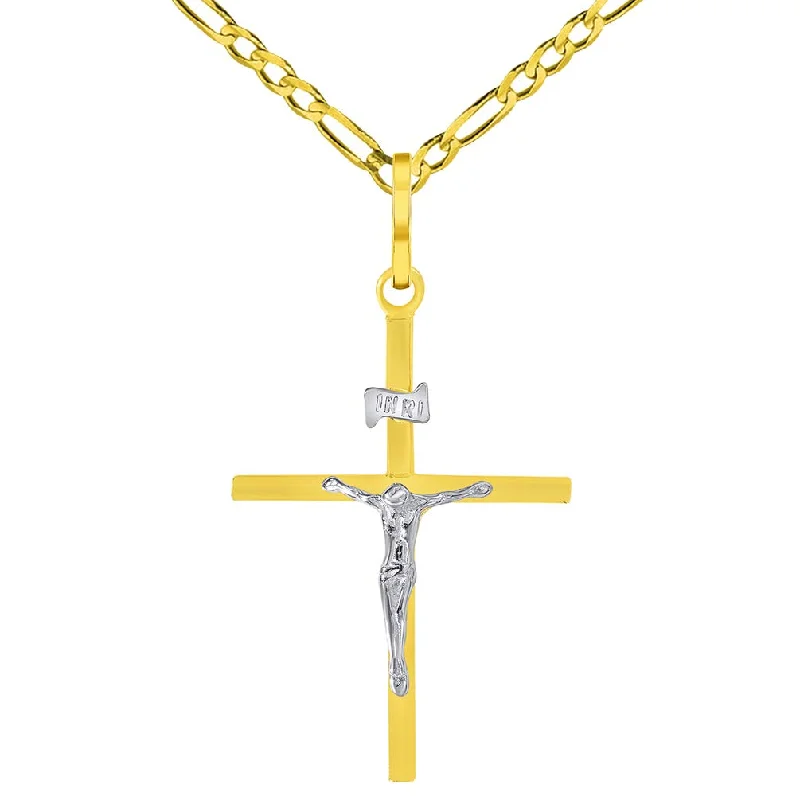 women gemstone necklaces -14k Two-Tone Gold Simple Catholic INRI Jesus Crucifix Pendant with Figaro Chain Necklace