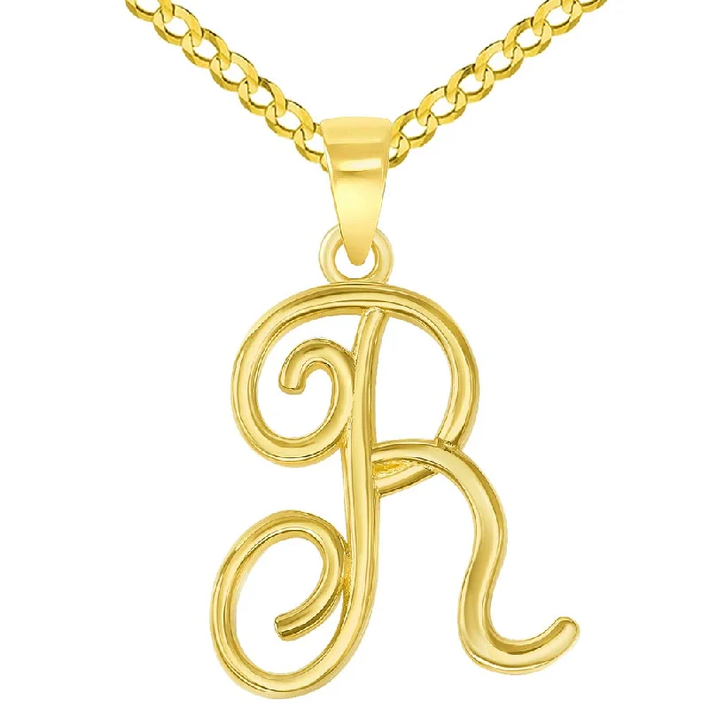 women cuff necklaces -14k Yellow Gold Elegant Script Letter R Cursive Initial Pendant with Concave Cuban Link Curb Chain Necklace