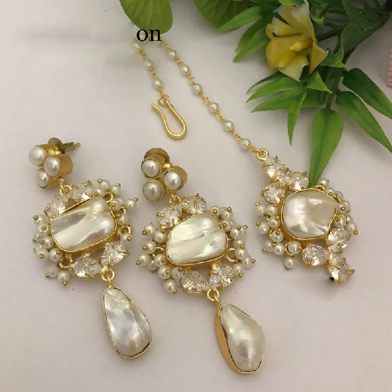 women crystal earrings -FS Collection Gold Plated Mother Of Pearl Earrings With Maangtikka