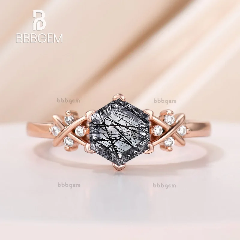 princess cut solitaire engagement rings -Hexagon Cut Black Rutilated Quartz Rose Gold Engagement Ring Crossover Diamond