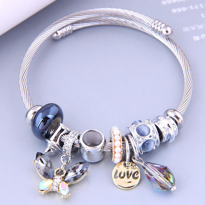 women stackable bracelets -Blue/Grey Butterfly & Love Coil Style Bracelet