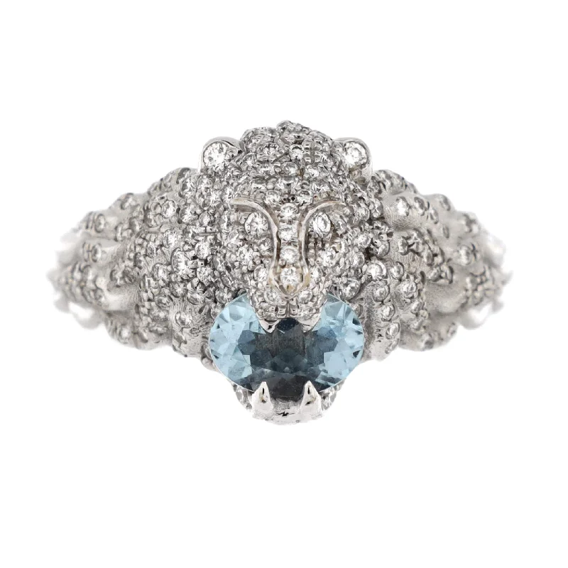 halo engagement rings -Lion Head Ring 18K White Gold with Pave Diamonds and Aquamarine