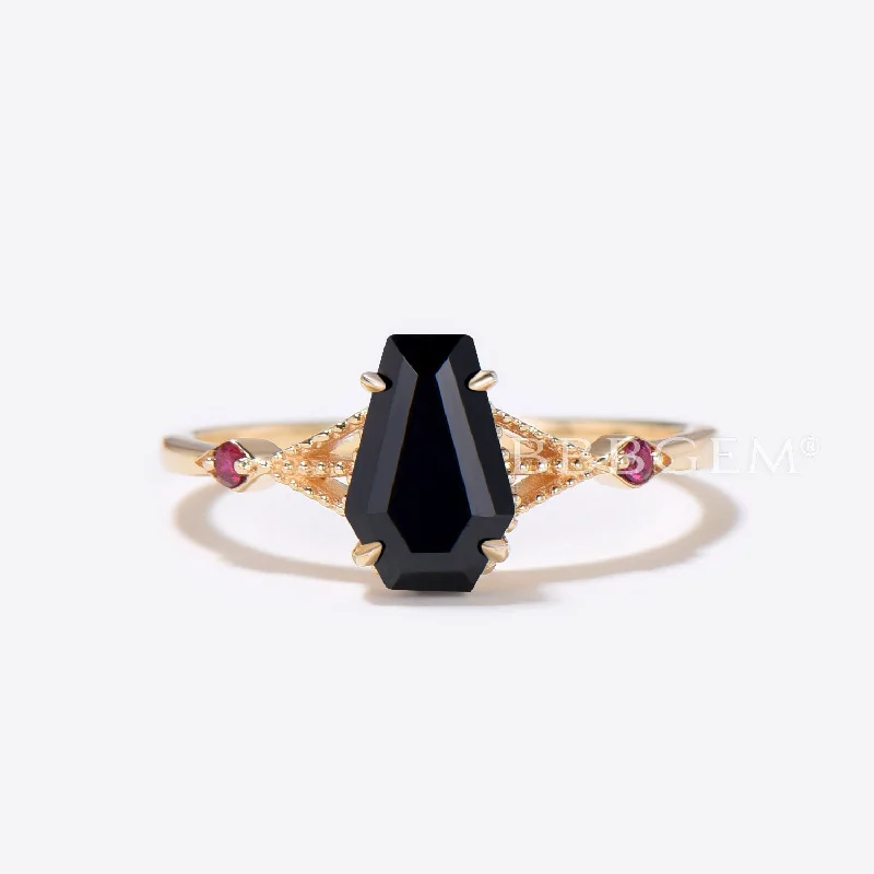 vintage engagement rings -Coffin Shaped Black Onyx Engagement Ring Milgrain Ruby Ring