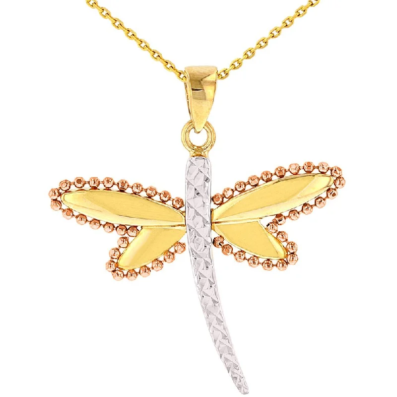 women heart-shaped pendant necklaces -Jewelry America Textured 14K Yellow Gold and Rose Gold Milgrain Dragonfly Pendant Necklace