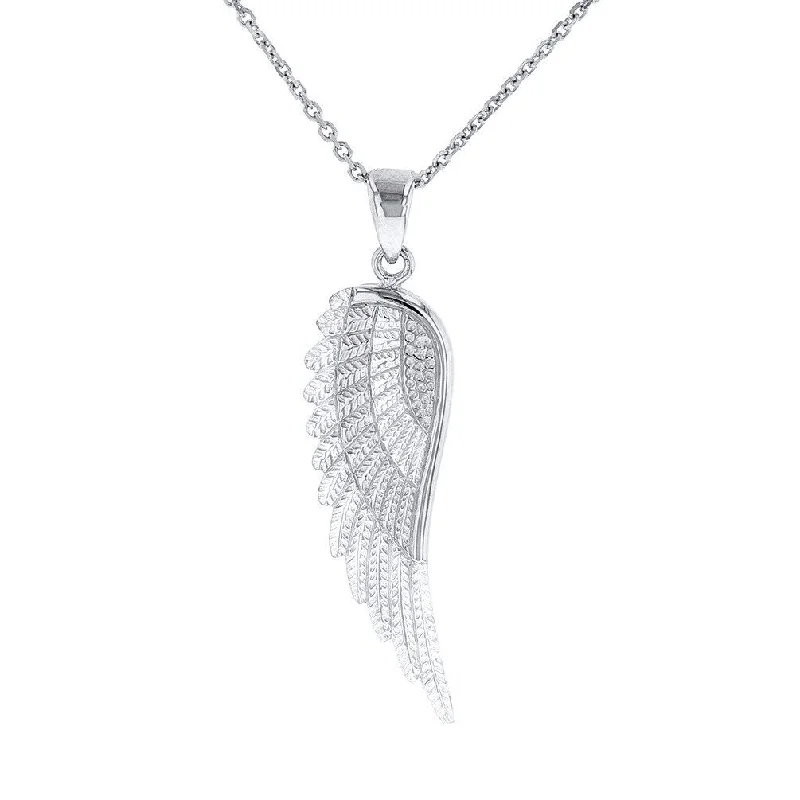 women gemstone pendant necklaces -Solid 14k White Gold Textured Angel Wing Charm Pendant Necklace