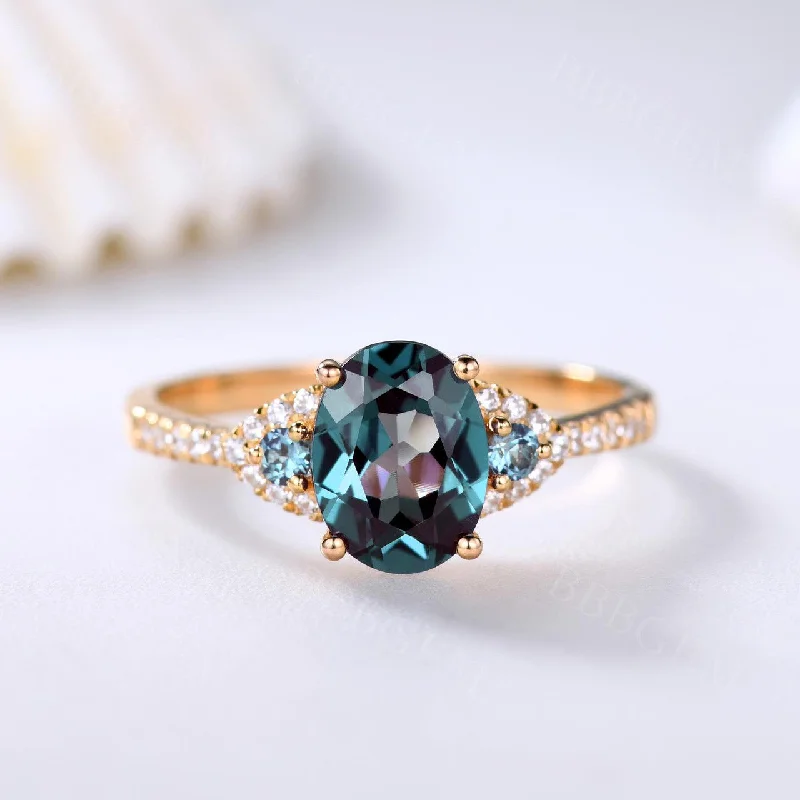 white gold engagement rings -Yellow Gold Alexandrite Diamond Engagement Ring 6x8mm Oval Cut Color-changing Stone