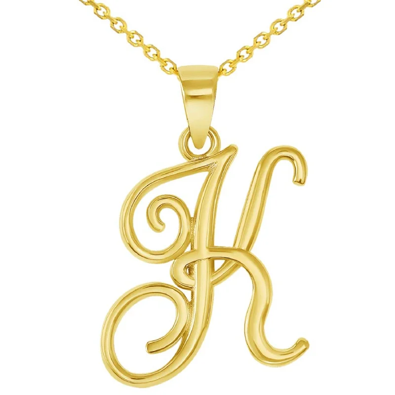 women designer gold necklaces -14k Yellow Gold Elegant Script Letter K Cursive Initial Pendant Necklace