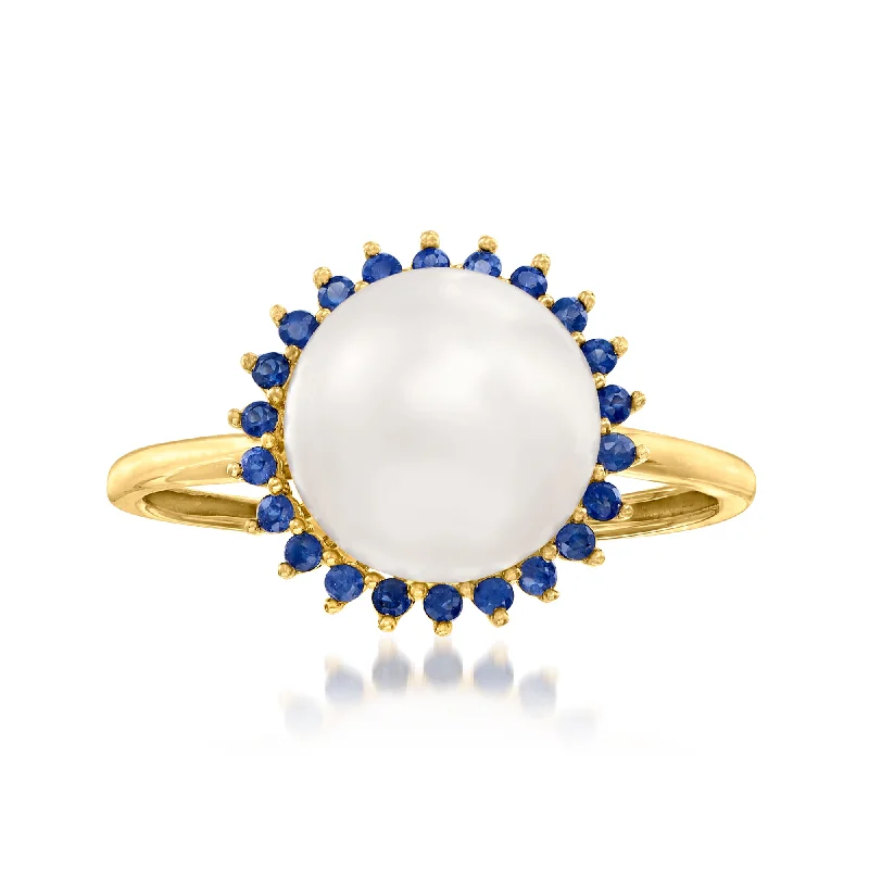 women classic engagement rings -Ross-Simons 9-9.5mm Cultured Pearl and . Sapphire Halo Ring in 14kt Yellow Gold