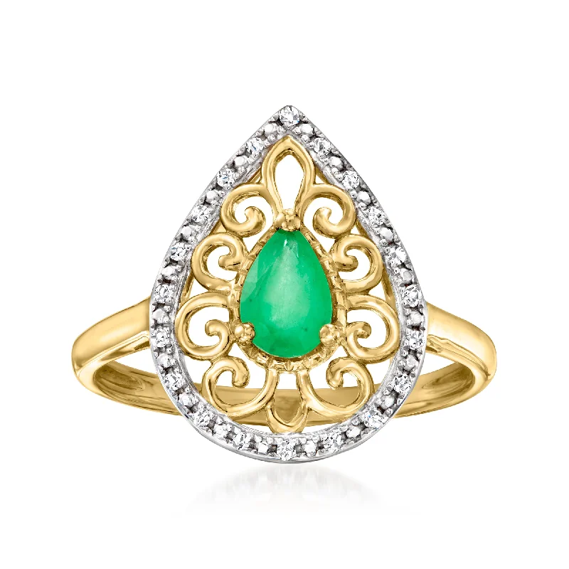 personalized engagement rings -Ross-Simons Emerald Teardrop Ring With Diamond Accents in 14kt Yellow Gold