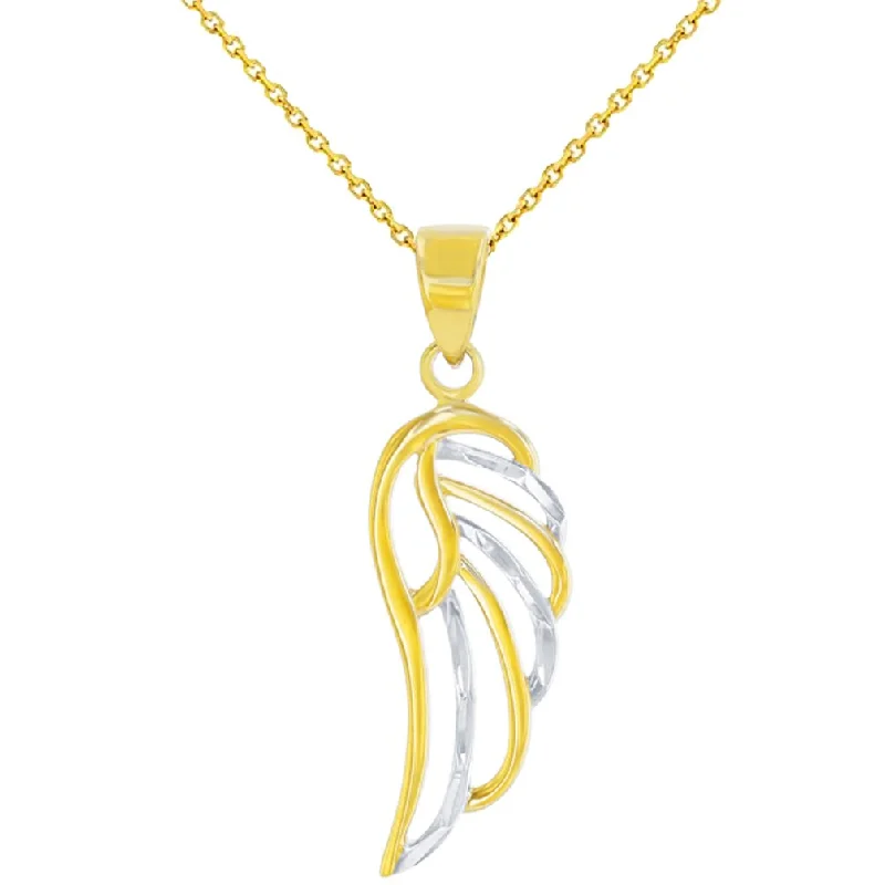 women gold chain necklaces -Solid 14k Yellow Gold Textured Angel Wing Charm Pendant Necklace