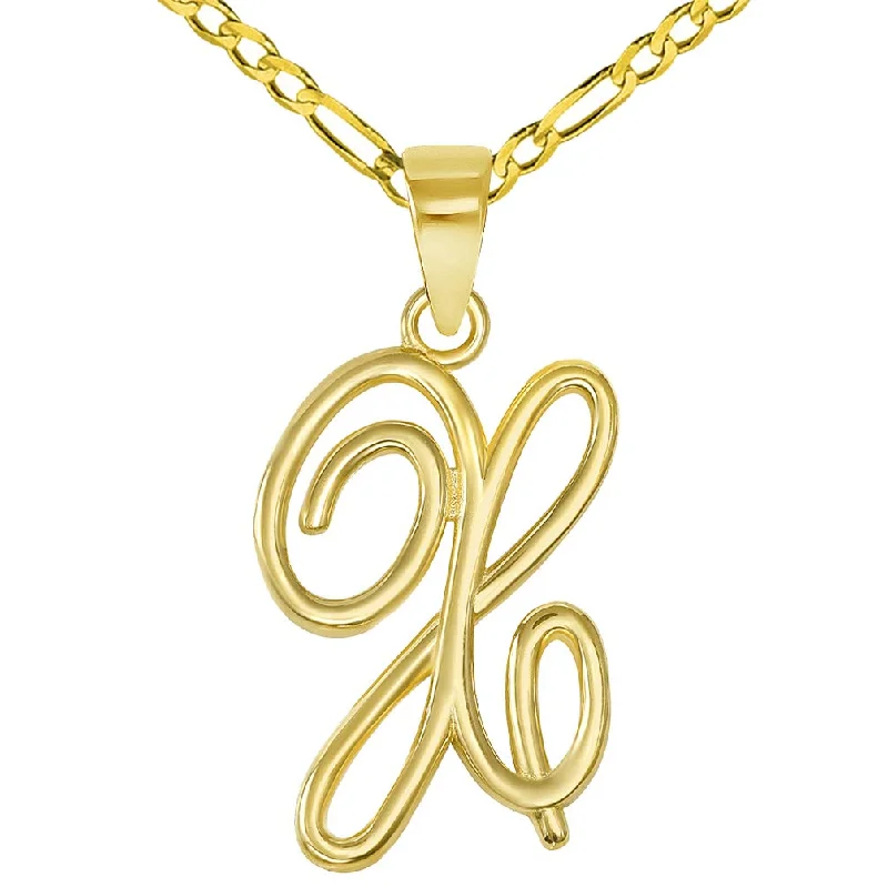 women artistic pendant necklaces -14k Yellow Gold Elegant Script Letter X Cursive Initial Pendant with Figaro Chain Necklace