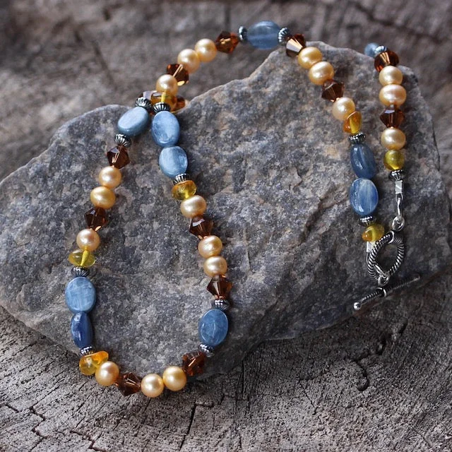 women large pendant necklaces -Kyanite necklace with gold tinted freshwater pearls, crystals and amber