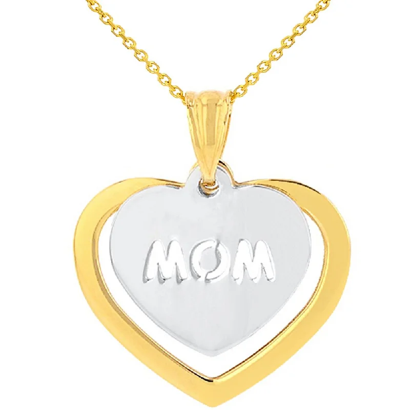 women initial necklaces -Solid 14K Two-Tone Gold Double Heart with Mom Pendant Necklace