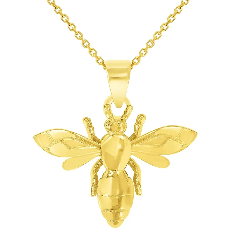 women long silver necklaces -14k Yellow Gold 3D Honey Bee Charm Bumblebee Insect Pendant Necklace