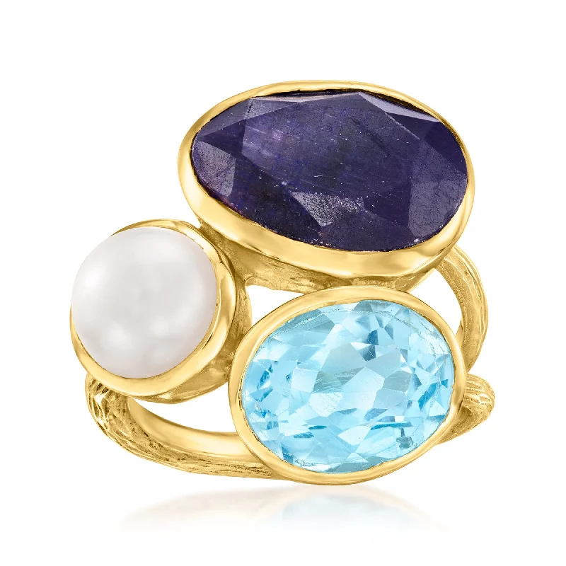 emerald green engagement rings -Ross-Simons 8mm Cultured Pearl, Sapphire and Sky Blue Topaz Ring in 18kt Gold Over Sterling