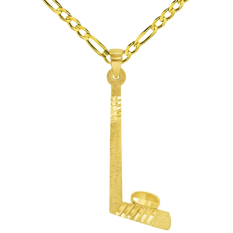 women initial necklaces -Solid 14k Yellow Gold Ice Hockey Stick and Puck Sports Pendant with Figaro Chain Necklace