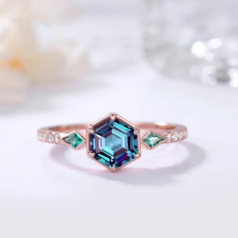 platinum solitaire engagement rings -Delicate Hexagon Lab-created Alexandrite Ring With Kite Cut Emerald Rose Gold Diamond Stacking Band