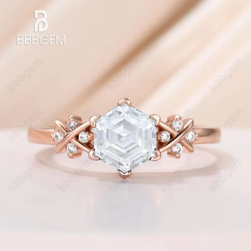 three-stone engagement rings -Minimalist Hexagon Cut Vintage Moissanite Engagement Ring 7mm 1CT Hexagon Moissanite Ring Rose Gold