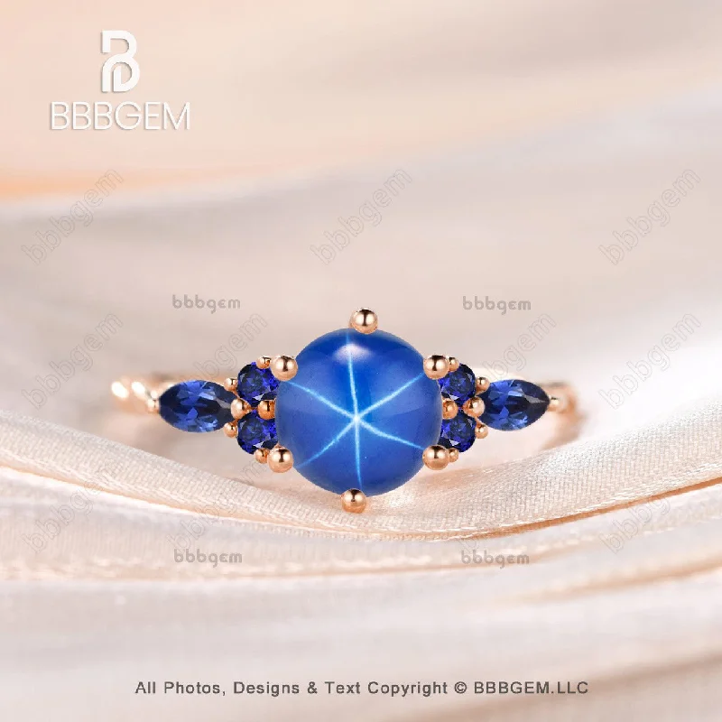 custom engagement rings with initials -Cluster Lindy Blue Star Ring 7mm Round Blue Star Sapphire Ring With Rose Gold Twisted Rope Band