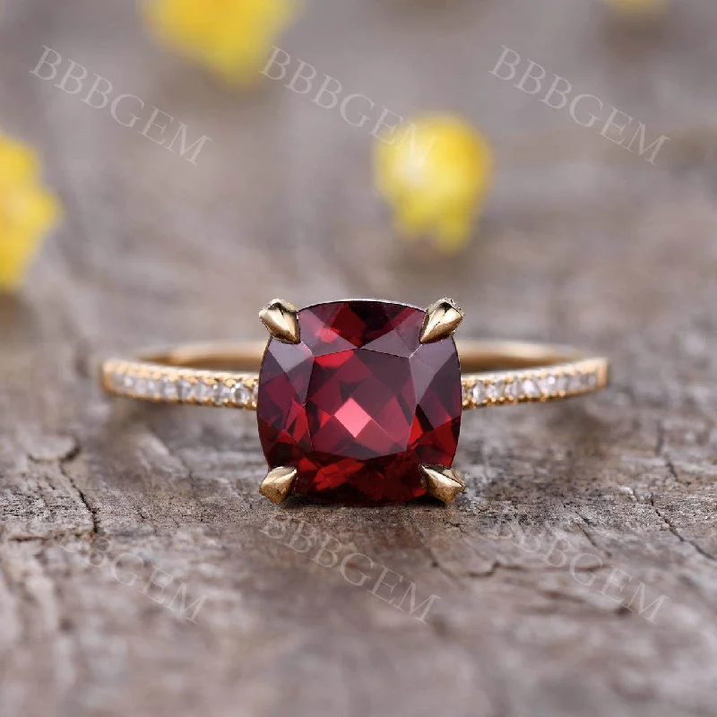 custom engagement rings with engravings -2.5 Carat Cushion Cut Red Garnet Promise Ring Half Eternity Diamond Band Rose Gold