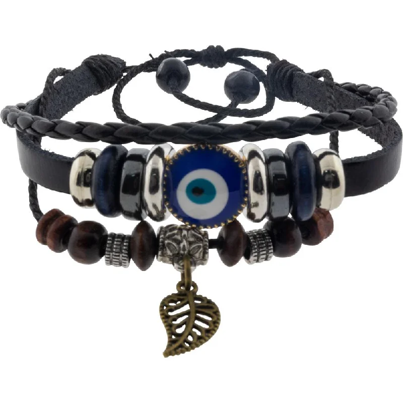 women boho bracelets -Leather Protection Bracelet - Evil Eye - Black with Feather