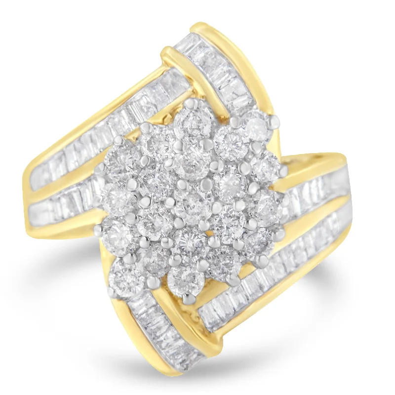 stackable wedding and engagement rings -10K Yellow Gold Round and Baguette Diamond Crossover Cluster Ring