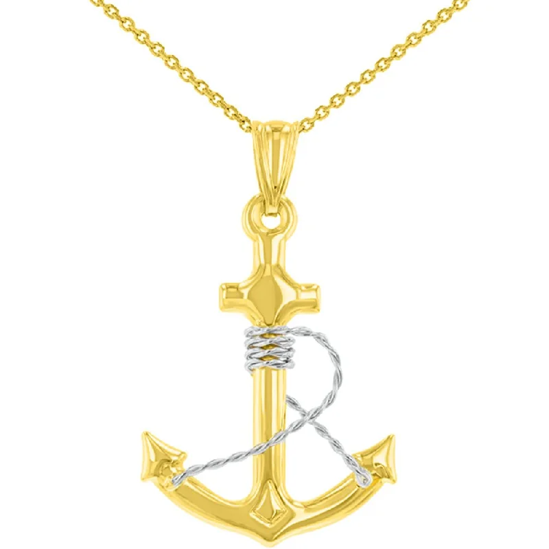 women long gold necklaces -14K Two-Tone Gold Polished Navy Anchor with Rope Charm Nautical Pendant Necklace