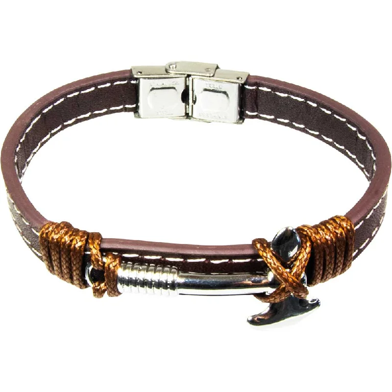 women double chain bracelets -Brown Leather Stainless Steel Clasp Bracelet with Viking Axe