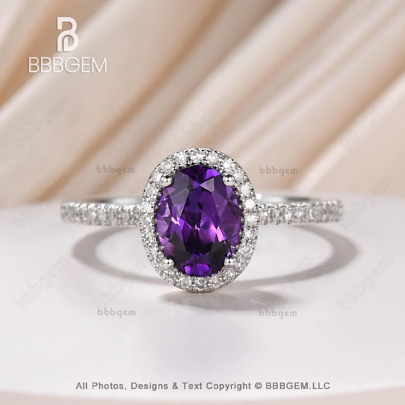 princess cut engagement rings -Vintage Oval Halo Moissanite Purple Natural Amethyst Statement Ring Crystal Ring 14k White Gold