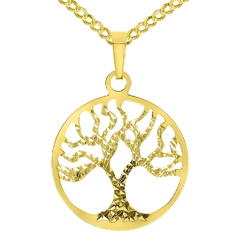 women friendship necklaces -Solid 14k Yellow Gold Textured Reversible Round Tree of Life Pendant Necklace Available with Rolo, Curb, or Figaro Chain