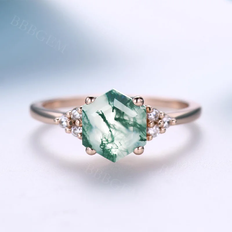 double band engagement rings -Vintage Rose Gold Hexagon Cut Moss Agate Engagement Ring Diamond 6-Stones Accent