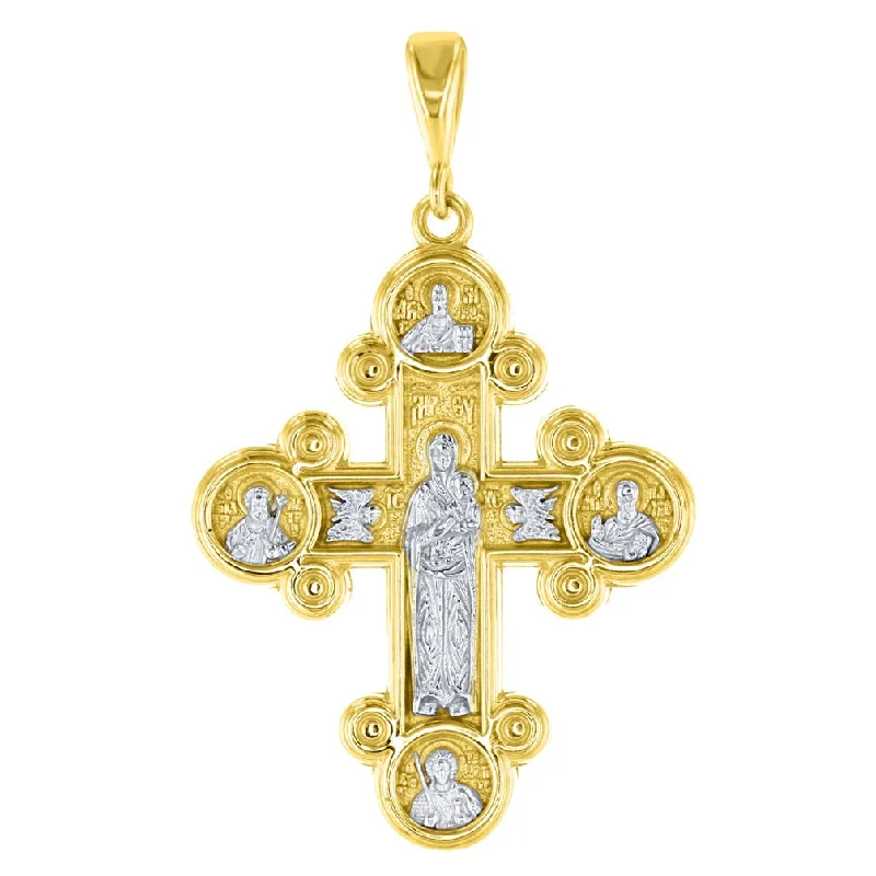 women 18k gold necklaces -14K Yellow Gold Mother of God Virgin Mary with Jesus & Saints Orthodox Cross Pendant