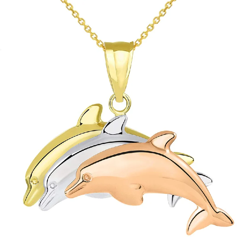 women lucky charm necklaces -14k Tri-Color Gold 3D Three Dolphins Jumping Together Pendant Necklace