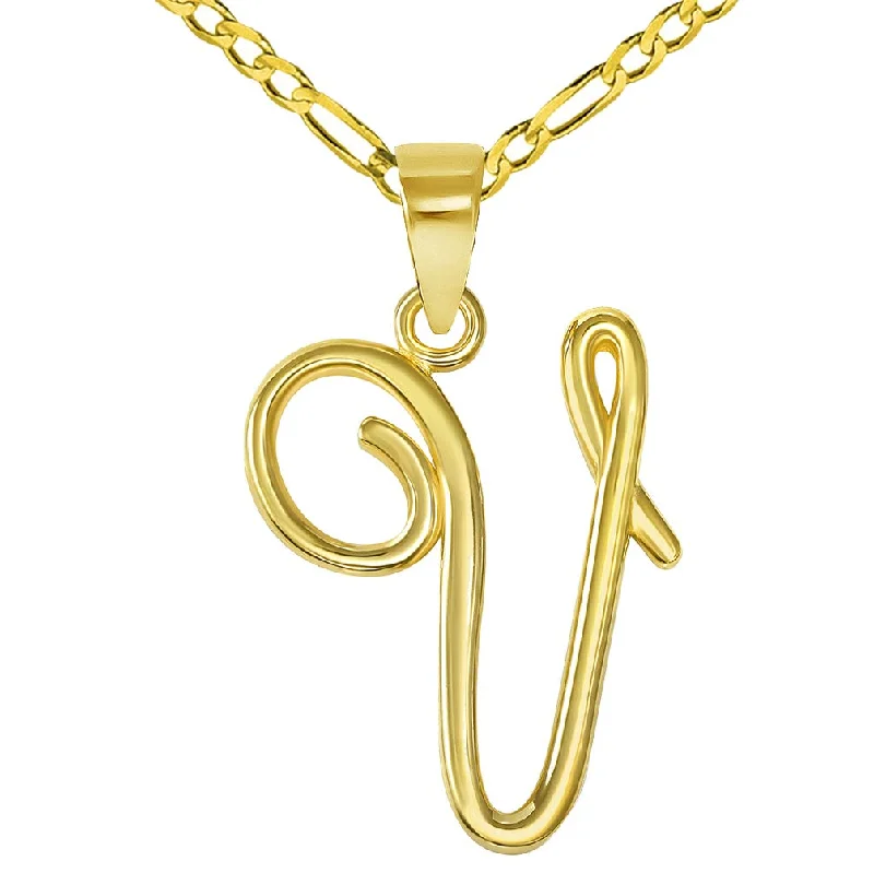 women chic gold necklaces -14k Yellow Gold Elegant Script Letter V Cursive Initial Pendant with Figaro Chain Necklace