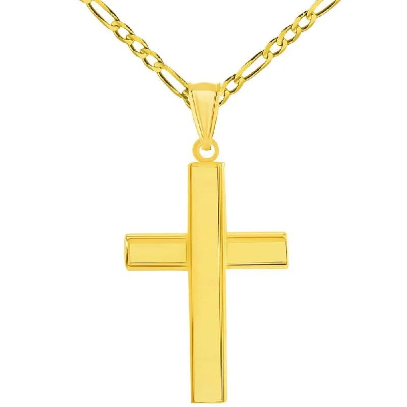 women 18k gold necklaces -14k Yellow Gold High Polished Plain Religious Cross Pendant with Figaro Chain Necklace