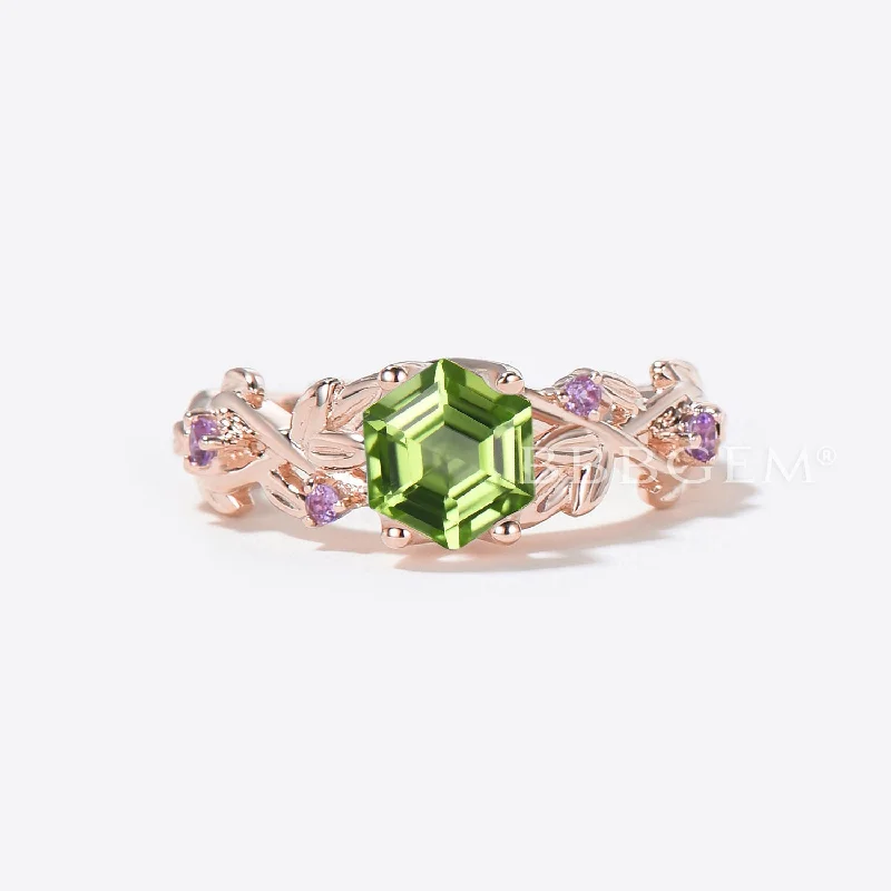 rustic engagement rings -Hexagon Cut Peridot Engagement Ring Twig Leaf Amethyst Ring