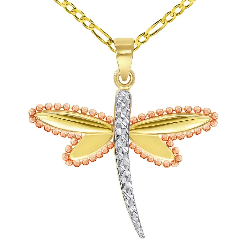 women rope necklaces -14k Yellow Gold and Rose Gold Beaded Dragonfly Tri-Tone Pendant with Figaro Chain Necklace