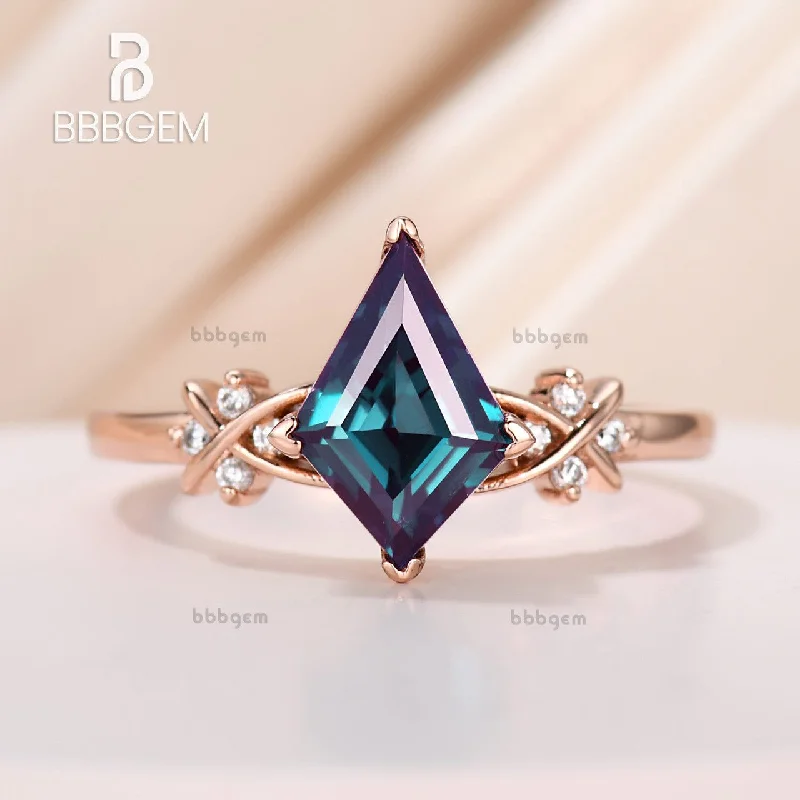 engagement rings with colored stones -Minimalist Kite Cut Alexandrite Statement Ring in 14K Rose Gold Plated Alexandrite Diamond Kite Ring