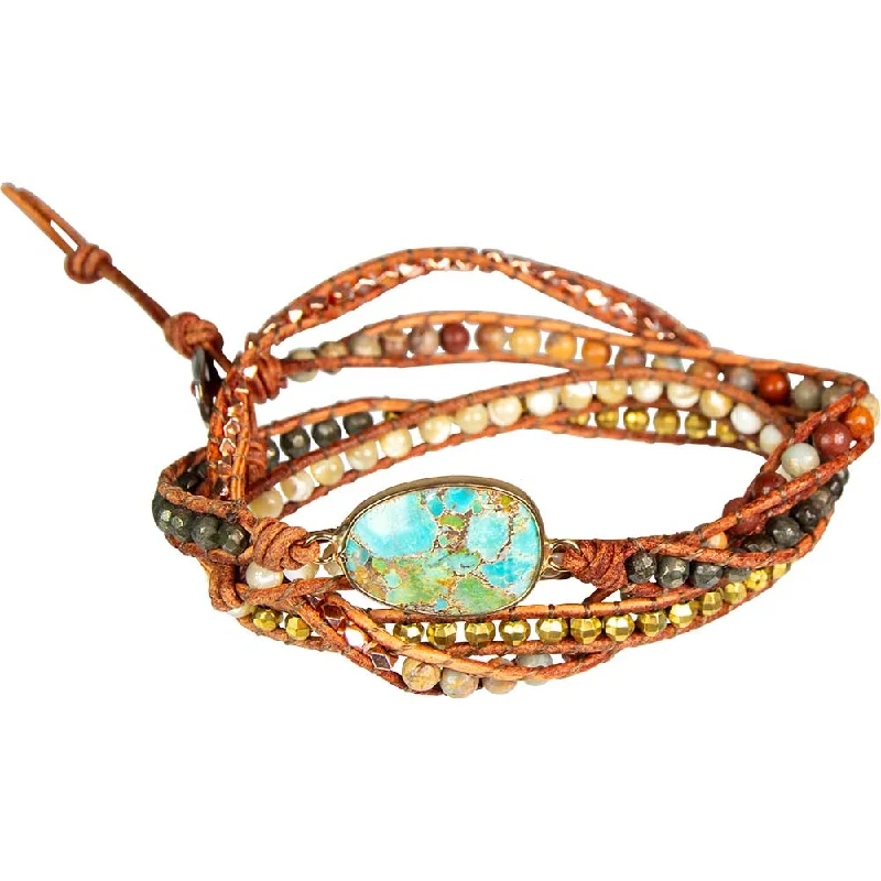 women double bangle bracelets -37" Wrap Bracelet Leather & Mixed Gemstones with Imperial Jasper Accent