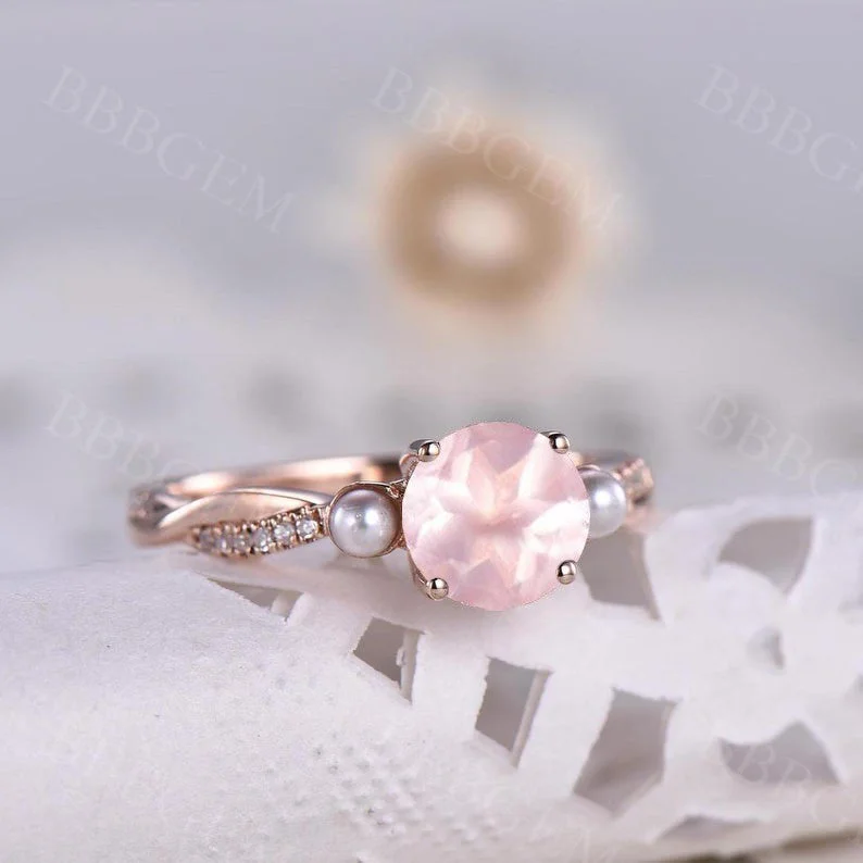 unique engagement rings -Three Stone Rose Quartz Engagement Ring Pearl Diamond Wedding Band