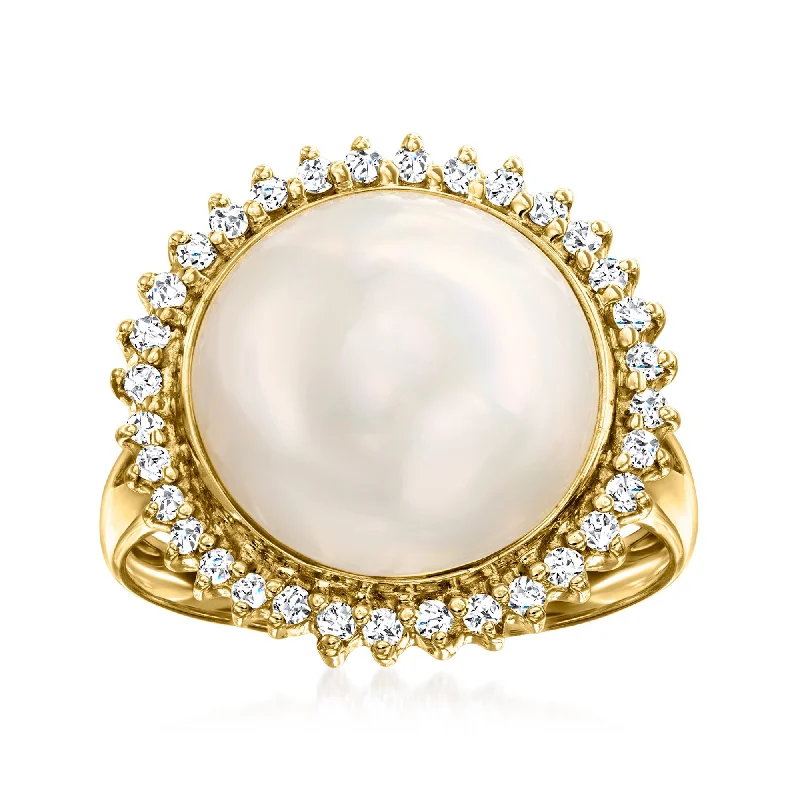 colored gemstone engagement rings -Ross-Simons 12-12.5mm Cultured Mabe Pearl and . Diamond Ring in 14k Yellow Gold