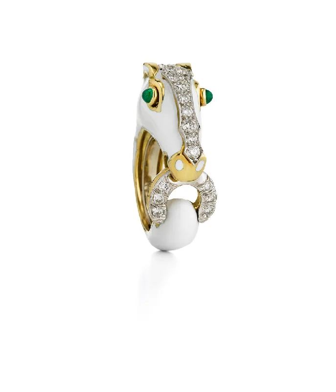 women oval diamond rings -Horse Ring, White Enamel, Emerald